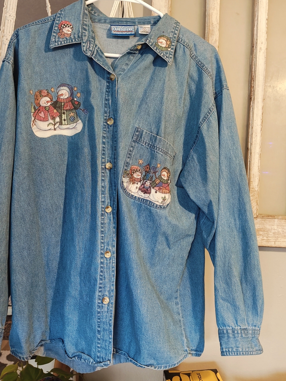 Faded Glory Denim Button-Up Shirt with Snowman Appliqués